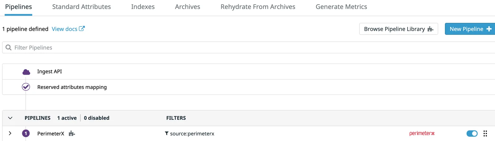 Confirm PerimeterX appears in your Datadog Pipelines