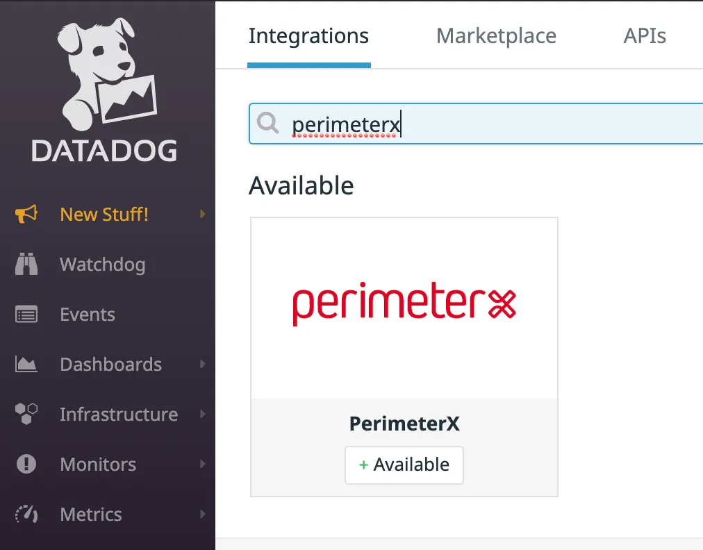 The PerimeterX integration in Datadog's Integrations marketplace