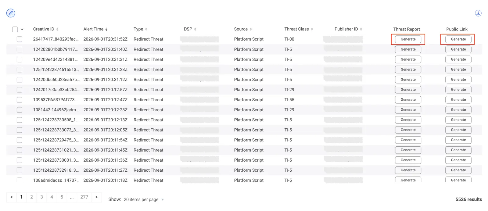 Platform Feed table with Generate actions for Threat Report and Public Link