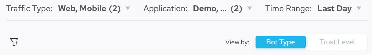 Different filters available, including Traffic Type, Application, Time Range, and View By Bot Type and Trust Level options